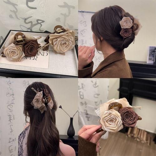 干枯玫瑰古风花朵抓夹女2025高级感大号鲨鱼夹后脑勺盘发发夹头饰