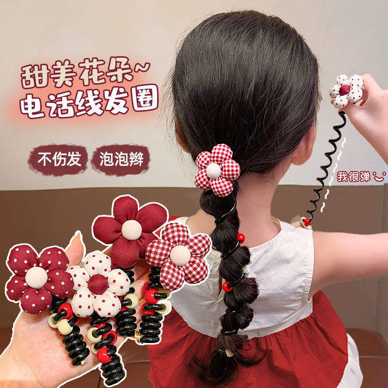 女童花朵电话线发圈安可拉红