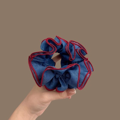 简约韩国牛仔色红蓝包边撞色褶皱肥肠圈丸子头扎高马尾慵懒风头花