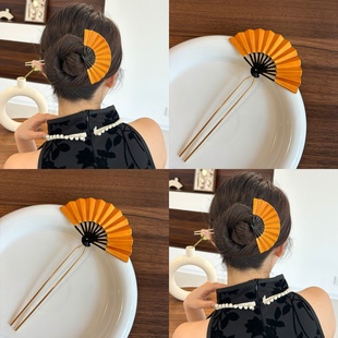 新中式金色扇子发簪古风旗袍汉服发饰气质新娘结婚敬酒服套装头饰