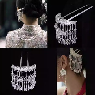 贵州苗族苗银头饰侗族步摇发簪苗疆少女小月牙款吊坠发簪古装汉服
