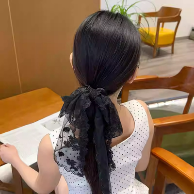 法式超仙立体蕾丝刺绣蝴蝶结发绳温柔感气质长飘带发圈扎发头绳女