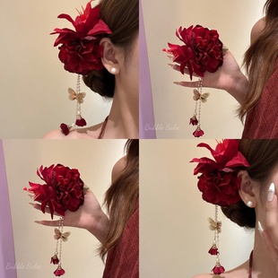 氛围感红色花朵蝴蝶流苏发夹夏日海边侧边夹子盘发头花