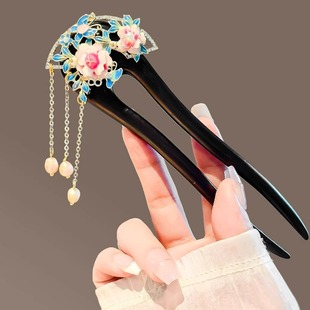 牡丹花檀木发簪女古风步摇U型盘发簪子中式发钗汉服旗袍配饰