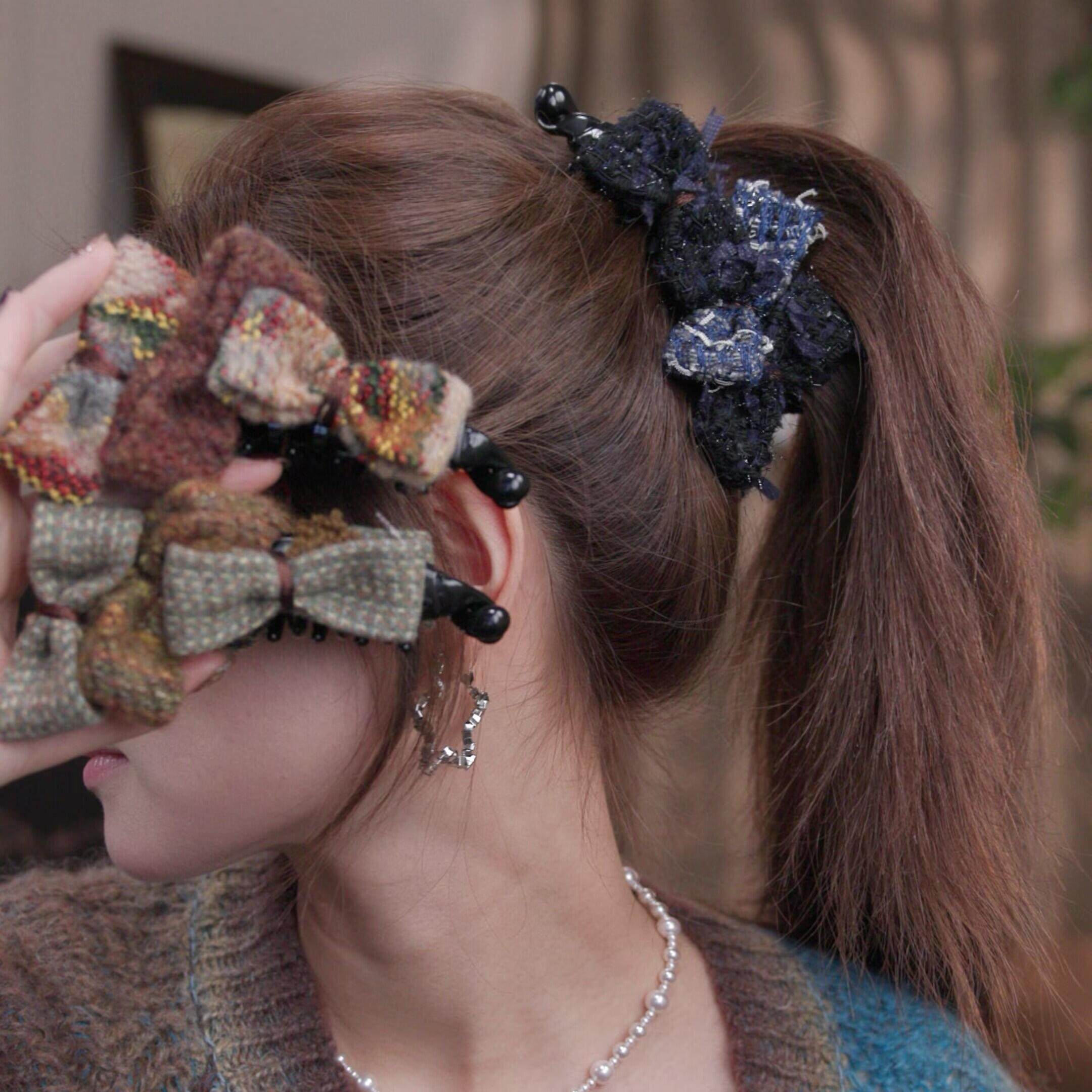 复古小香风拼接毛呢蝴蝶结香蕉夹竖夹发夹女高级感韩系高马尾发抓