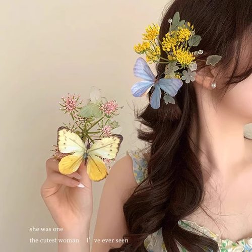 汉服发饰森系蝶恋花发夹汉服花枝配饰侧边夹头饰古风唐风古装发饰