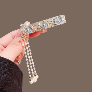 法式蓝色花朵珍珠流苏发夹女新款侧边刘海夹子碎发鸭嘴夹时尚发卡