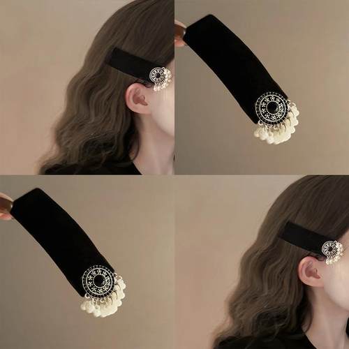 温莎古堡 新中式珍珠流苏丝绒发夹国风发饰女侧边夹刘海夹子发卡