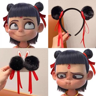 可爱哪吒发箍毛球丸子头夹子发饰搞怪拍照道具网红头饰女儿童头箍