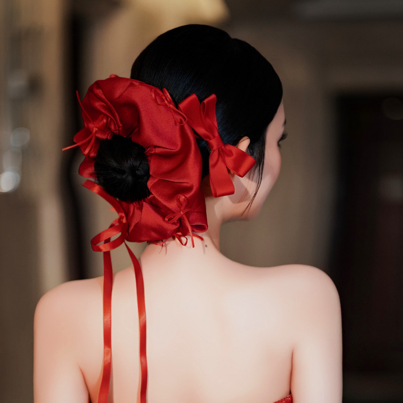 韩式酒红缎面大肠发圈高级甜美蝴蝶结丝带时尚新娘敬酒服礼服头饰