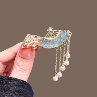 水晶扇形流苏发夹女2025新款 前额碎发鸭嘴夹子 气质侧边刘海夹时尚