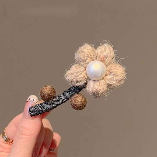 奶茶色花朵毛线发夹边夹侧边可爱甜美前额碎发刘海夹秋冬新款夹子