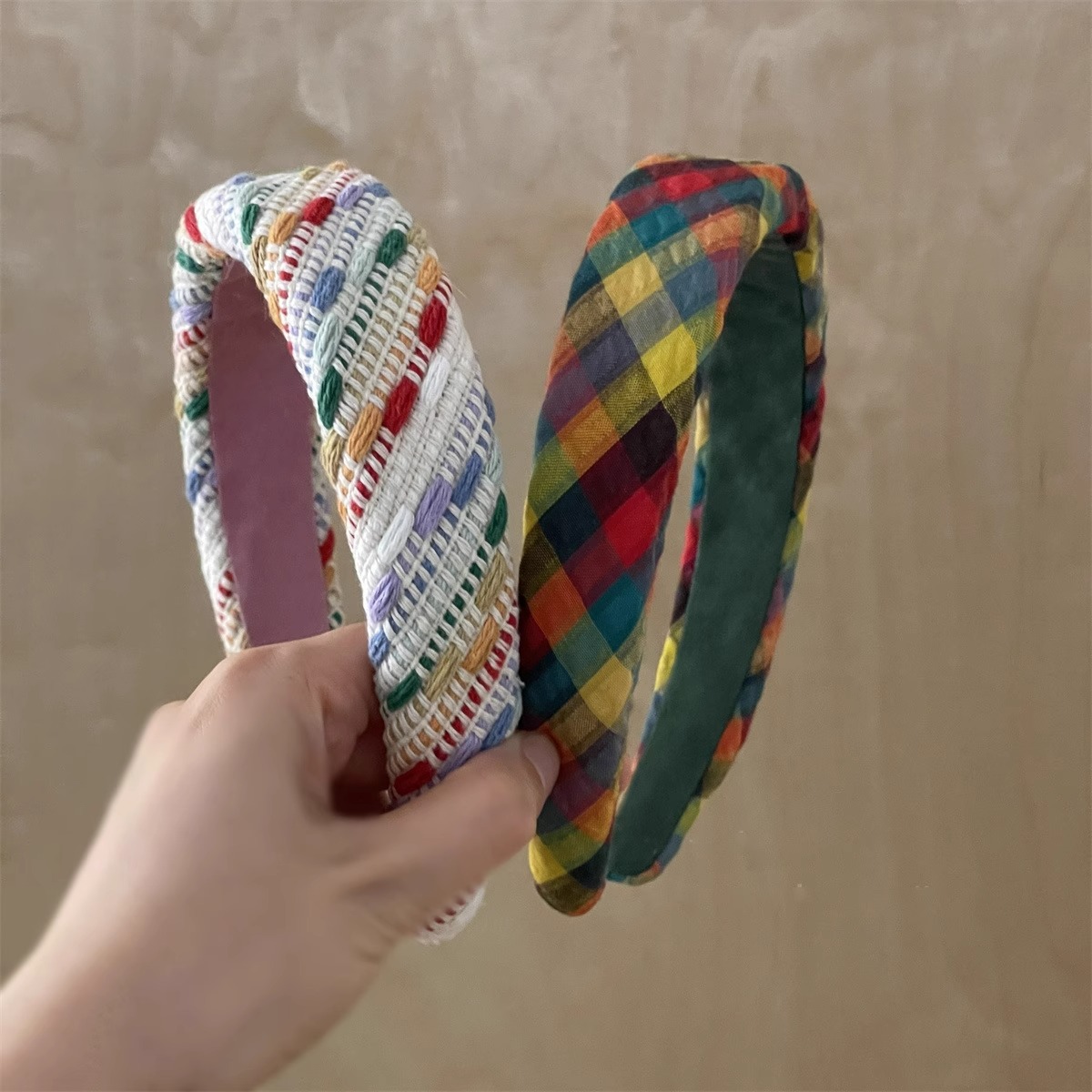 复古格纹布艺宽边加厚发箍 高颅顶压发发捆简约格子头箍发饰女