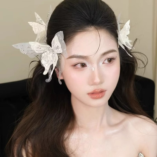 超仙立体蝴蝶发夹新娘头饰高级感甜美森系边夹结婚纱礼服外景配饰