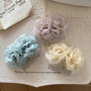 春日超仙薄纱花朵倒插梳发饰氛围感甜美发卡头饰温柔发梳刘海夹女