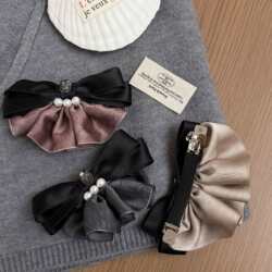 甜美裙边珍珠蝴蝶结弹簧夹藕粉色优雅后脑勺半扎发夹子一字夹