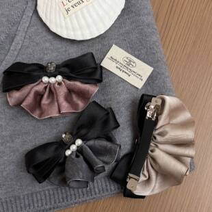 甜美裙边珍珠蝴蝶结弹簧夹藕粉色优雅后脑勺半扎发夹子一字夹