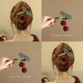 新中式 毛线樱桃抓夹女高级感扭扭发夹后脑勺一字盘发鲨鱼夹子