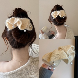 毛线裙摆珍珠发夹女后脑勺盘发大号鸭嘴夹2025新款抓夹气质发饰冬