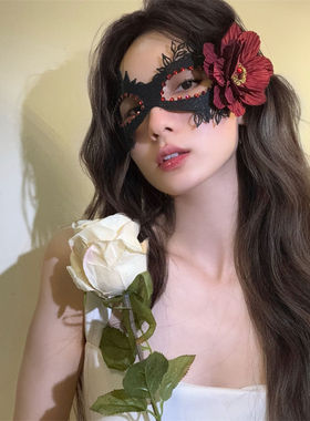 黑色花朵半脸面具女生眼罩蕾丝面罩cos晚会假面舞会装扮万圣节