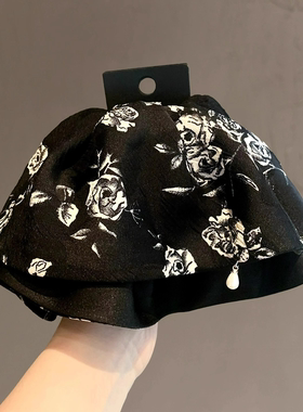 法式黑色复古玫瑰印花抓夹后脑勺扎高马尾夹子洋气新款鲨鱼夹头饰