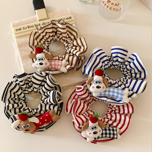 卡通可爱条纹小狗大肠发圈女扎头发超大头绳发饰丸子头高级感儿童