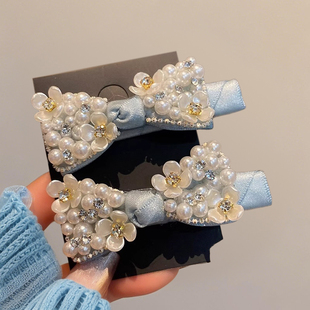 韩国重工淡蓝珍珠闪钻蝴蝶结边夹小众ins侧边碎发夹发卡新款 发饰