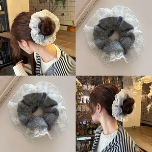 秋冬温暖毛线针织蕾丝花边双层大肠发圈少女甜美扎头发丸子头发绳