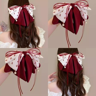 樱桃蝴蝶结飘带抓夹女2025新款高级感后脑勺盘发鲨鱼夹子头饰发夹