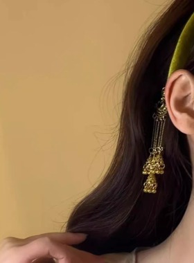 新中式复古绿色丝绒流苏发箍女高级感假耳环发卡头饰气质新年头箍