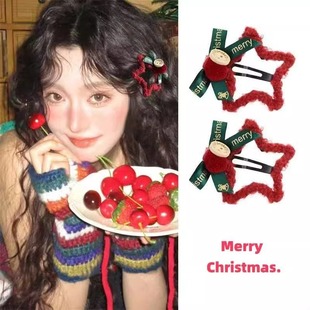 新年红色毛绒星星发夹蝴蝶结刘海BB夹侧边碎发夹发卡圣诞头饰发饰