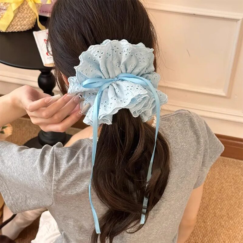 蓝色抽绳四层蕾丝花边头花发圈女韩系温柔低马尾发绳麻花辫绑头绳