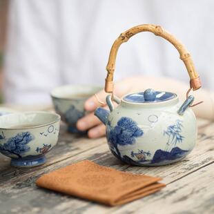 景德镇手绘青花茶壶提梁壶复古文人茶具陶瓷家用粗陶主人杯泡茶壶