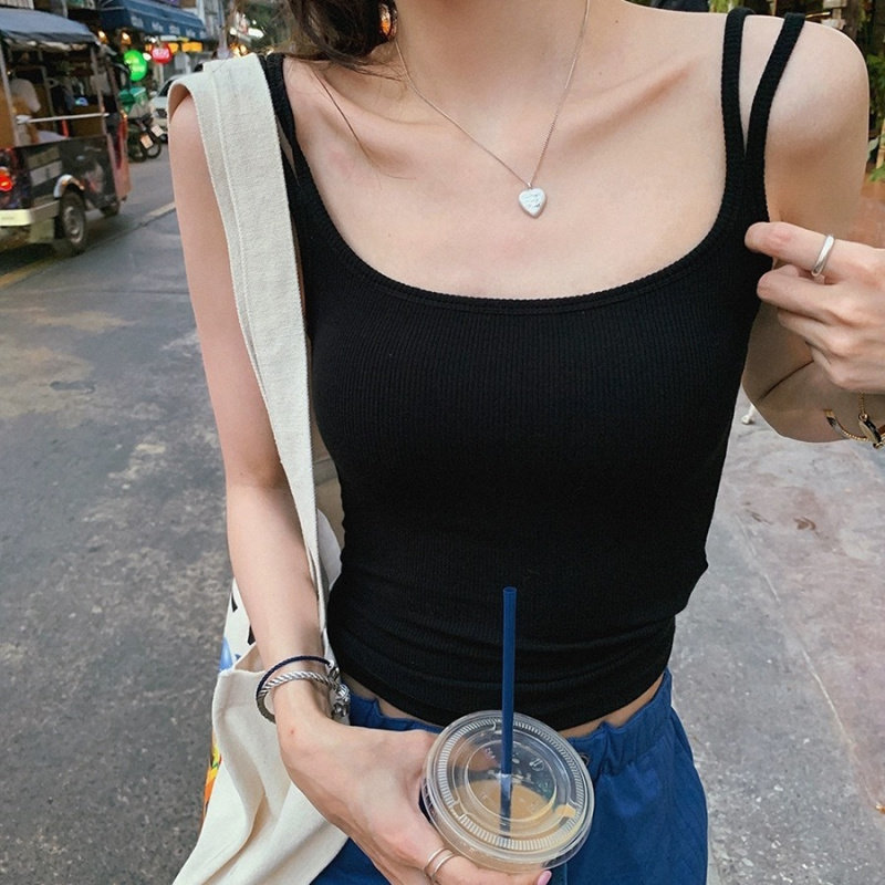 新款夏季韩版双肩带吊带背心女修身显瘦百搭带胸垫内衣美背上衣潮