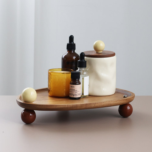 奶油中古风实木托盘香水香薰化妆品收纳盒玄关钥匙置物架装饰摆件