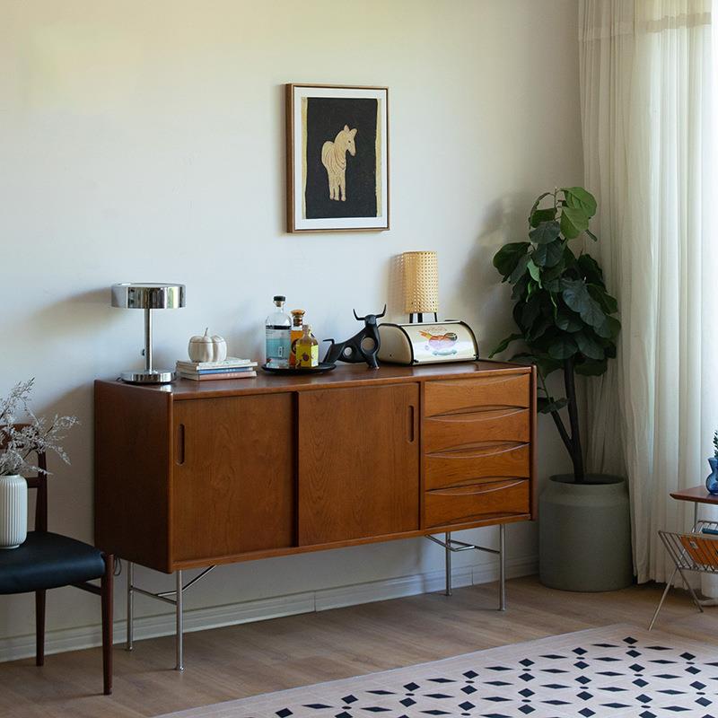 法式中古风实木餐边柜家用客厅靠墙不锈钢茶水柜酒柜餐厅收纳储物