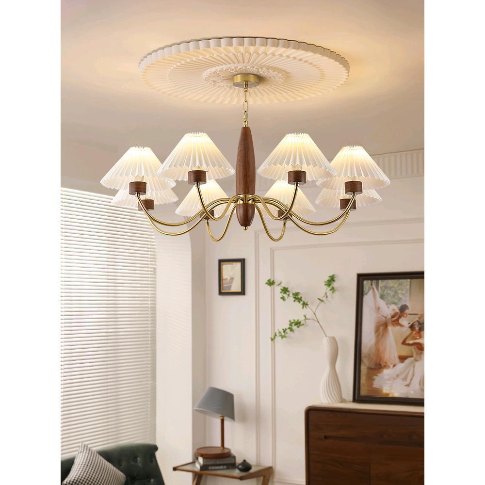 法式中古风客厅吊灯复古胡桃木百褶大厅灯美式餐厅书房主卧室吊灯