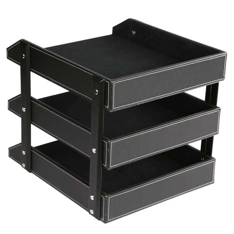 办公室套装文件收纳架资料架皮革办公桌置物架木质文件收纳盒多层