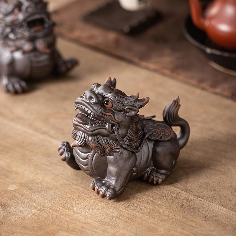 招财紫陶貔貅茶宠摆件一对小号高端可养紫砂茶玩茶桌茶盘装饰摆设