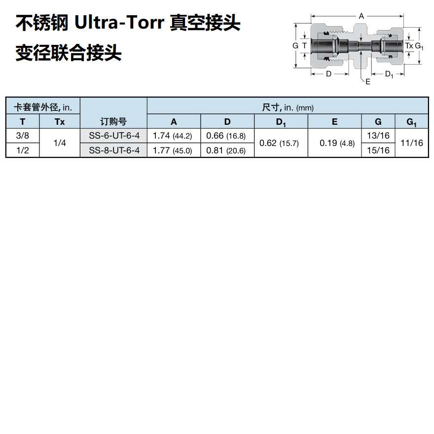 SS-6-UT-6-4世伟洛克Swagelok不锈钢Ultra-Torr 真空管接头