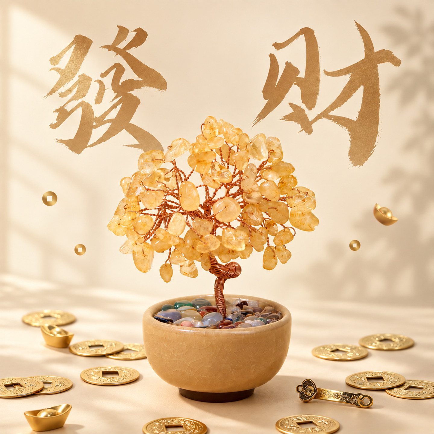 天然黄水晶发财树手工招财摆件