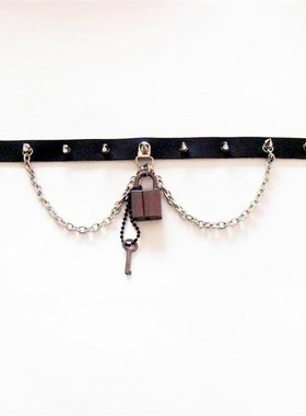 极速欧美男士皮项链个性红色圆铆钉韩版女M款南京锁项圈真皮吊坠