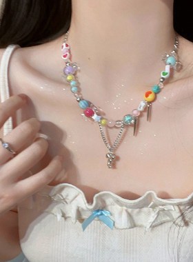 极速彩色项链女款糖果色串珠锁骨链C轻奢小众多巴胺饰品甜酷y2k颈