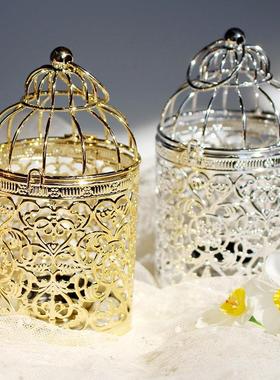 跨境欧式铁艺电镀金属工艺品创意鸟笼烛台家居摆件婚庆道具