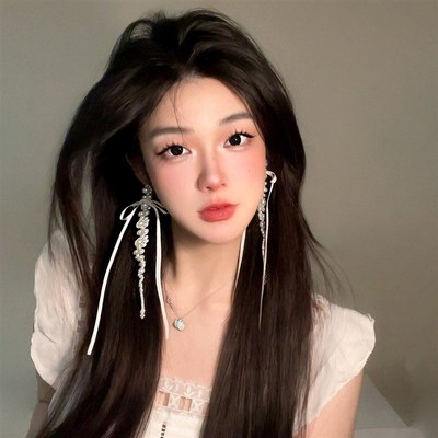 极速芭蕾法式珍珠丝带流苏耳环显脸小耳饰K长款耳钉大圆脸适合的