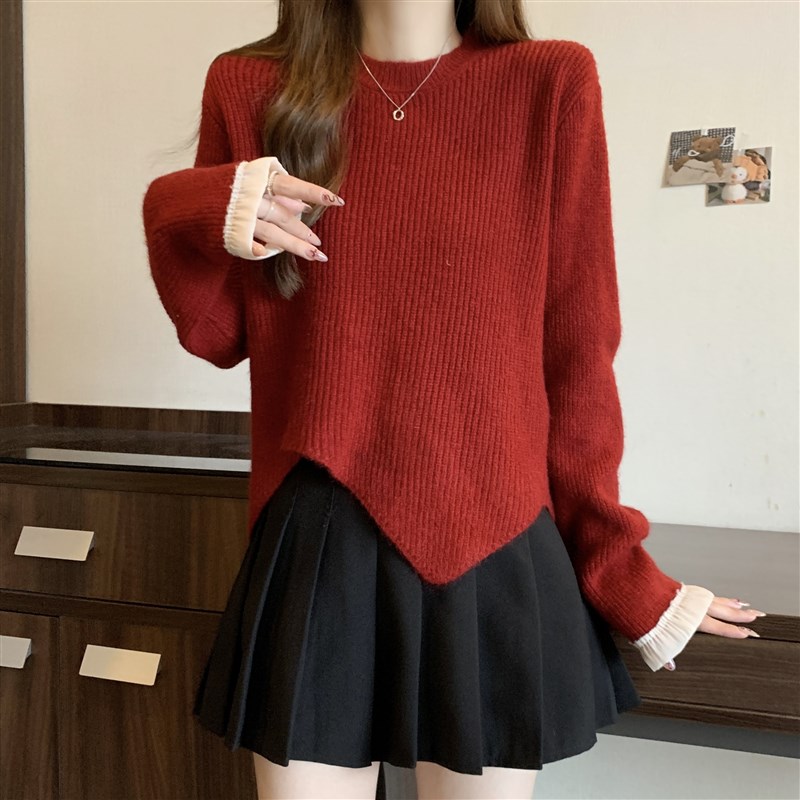 极速红色针织衫毛衣女秋冬新款大码胖Emm显瘦不规则打底衫内搭短