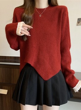 极速红色针织衫毛衣女秋冬新款大码胖Emm显瘦不规则打底衫内搭短