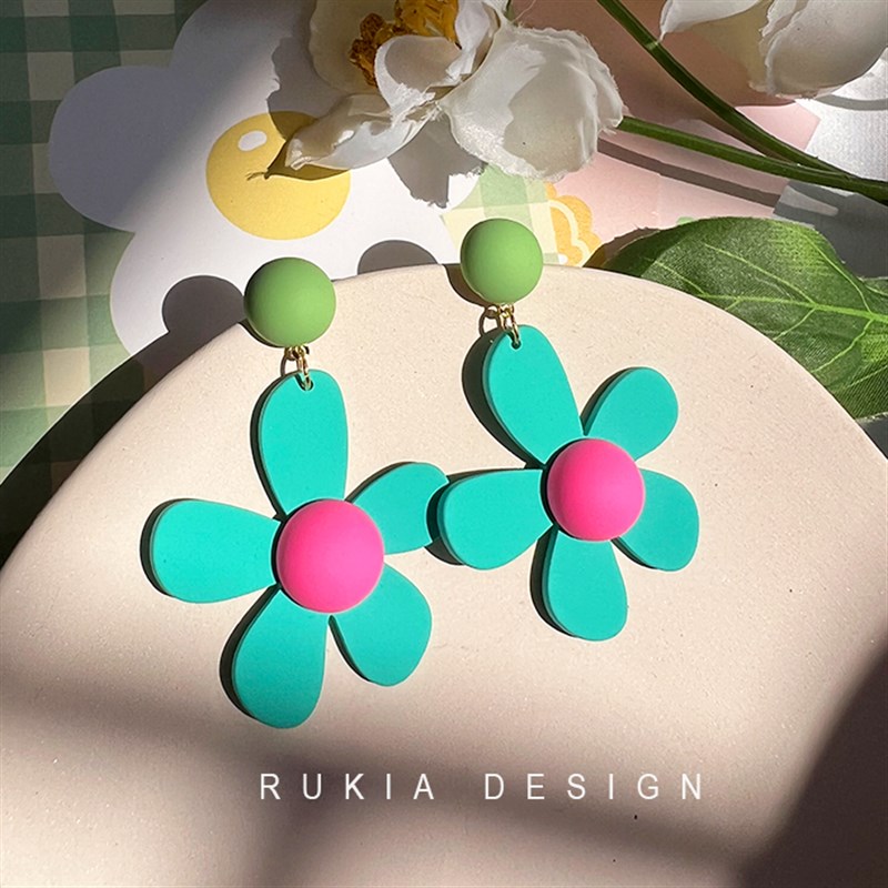 极速RUKIA夏日度假大花耳钉磨砂夸张童趣萤光绿T色少女撞色个性耳