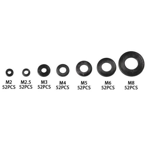 极速364Pcs Metric Black Nylon Washers M2-M8 Flat TRing Plain