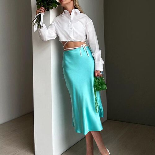 新品Mnealways18 Solid Putrple Satin Silk Skirt Women High Wa